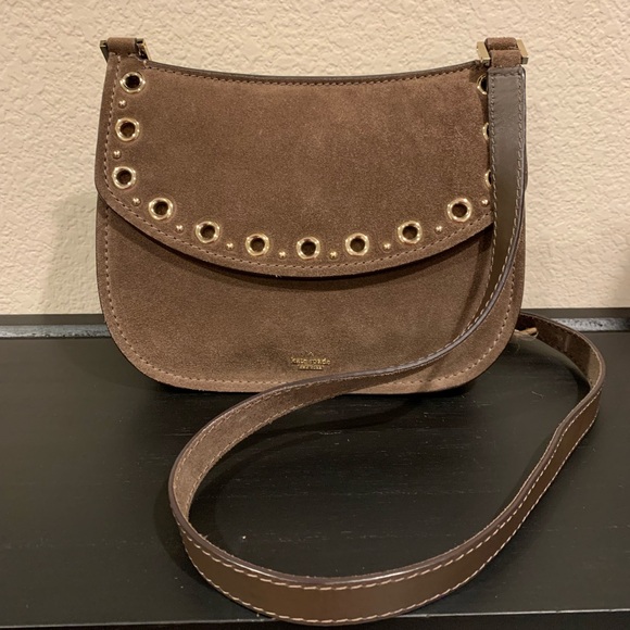 Kate Spade Boulder Lane Suede Maggy Saddle Eyelet Brown Crossbody Bag NWOT - Picture 2 of 11